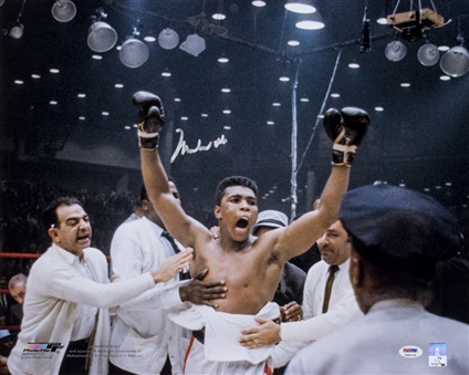 Muhammad Ali Autographed 16x20 Color Photograph of Ali Celebrating Win (PSA/DNA)